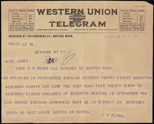 Elizabeth Gurley Flynn telegram to Hays Jones, New York, N.Y., October 20, 1923