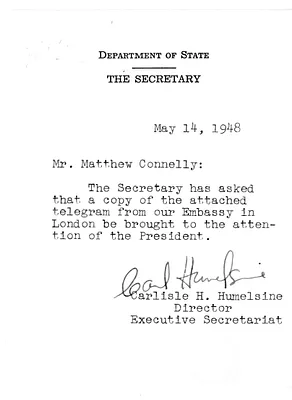 Memorandum from Carlisle Humelsine to Mattehew Connelly with Attached Telegram from Lewis Douglas to Secretary of State George C. Marshall