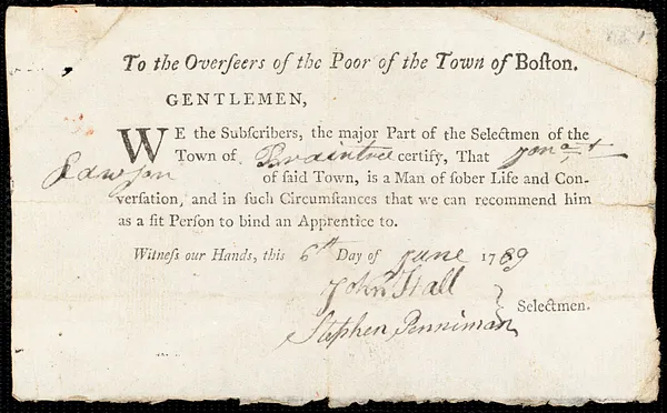 Sarah Dunker indentured to apprentice with Jonathan [Jonathon] Rawson of Braintree, 17 June 1789