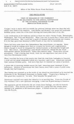 Text of Remarks by the President to be delivered to the annual convention of the National Exchange Clubs [Ford Speech or Statement]