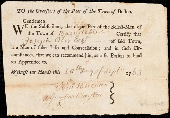 Moses Mangent indentured to apprentice with Joseph Otis of Barnstable, 13 October 1763