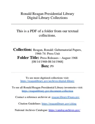 Press Releases - August 1968 [08/15/1968-08/16/1968]