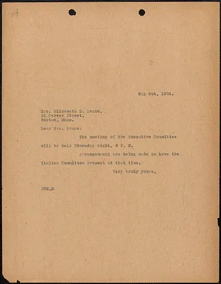 [Fred H. Moore] typed note (copy) to Elizabeth G[lendower] Evans, [Boston, Mass.], May 6, 1924