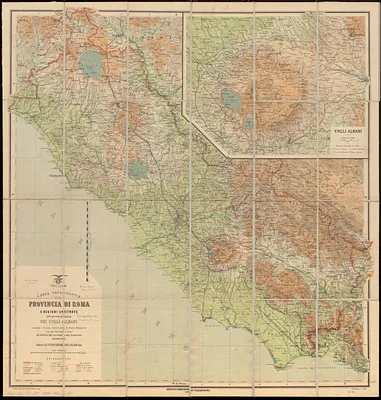 Carta topografica della provincia di Roma e regioni limitrofe con cartina speciale dei Colli Albani secondo i recenti rilievi del R. Stato Maggiore con speciali indicazioni dell'altimetria, delle reti stradali e delle circoscrizioni amministrative