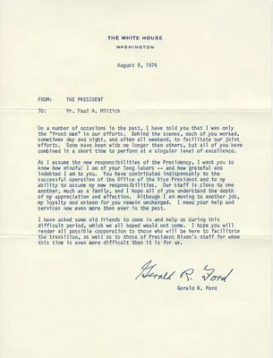 Letter from President Gerald Ford to Paul Miltich Regarding the Transition from Vice President to President