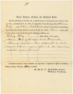 Certificate of Matrimony for Isaac Kelly and Catherine Kelly of Nashville, Tennessee