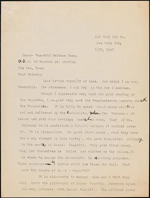 David Berkingoff typed letter signed to Sacco-Vanzetti Defense Committee, New York, N. Y., September 30, 1927