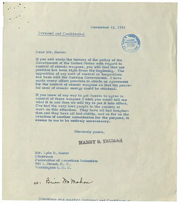 Letter from President Harry S. Truman to Lyle Borst