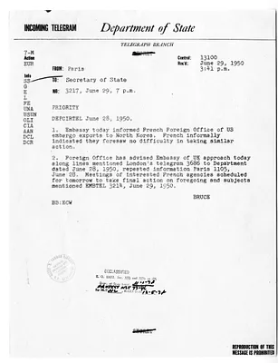 Telegram from Ambassador David K. E. Bruce to Secretary of State Dean Acheson