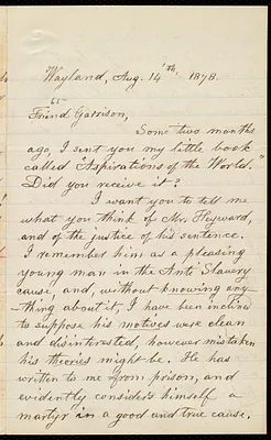 Letter from Lydia Maria Child, Wayland, to William Lloyd Garrison, Aug. 14 'th, 1878