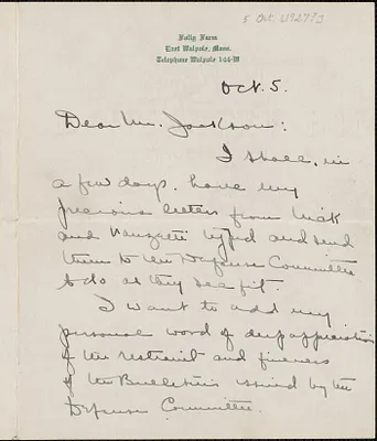 Cerise C. Jack autograph letter signed to [Gardner] Jackson, East Walpole, Mass., October 5, [1927?]