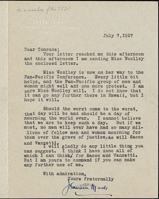 Jeannette Marks typed letter signed to [Sacco-Vanzetti Defense Committee], Westport, N. Y., July 7, 1927