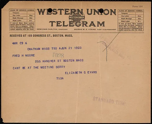 Elizabeth G[lendower] Evans telegram to Fred H. Moore, Chatham, Mass., June 21, 1923