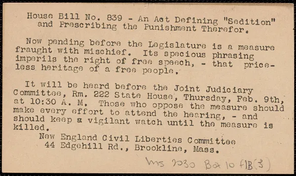 New England Civil Liberties Committee typed postcard to Fred [H.] Moore, Brookline, Mass., February 6, 1922