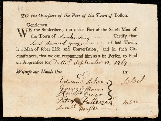 Elizabeth Utinock indentured to apprentice with Samuel [Sam] Gregg of Londonderry, 2 September 1767