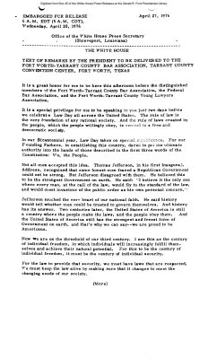 Text of Remarks by the President to Be Delivered to the Forth Worth-Tarrant County Bar Association, Tarrant County Convention Center [Ford Speech or Statement]