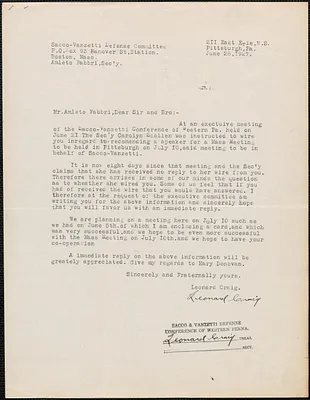 Leonard Craig (Sacco-Vanzetti Defense Conference of Western Pennslyvania) typed letter signed to Amleto Fabbri, Pittsburgh, Pa., June 28, 1927