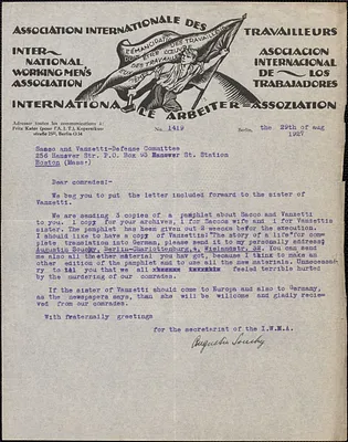 Augustin Souchy (International Workingmen's Association) typed letter signed to Sacco-Vanzetti Defense Committee, Berlin, Germany, August 29, 1927