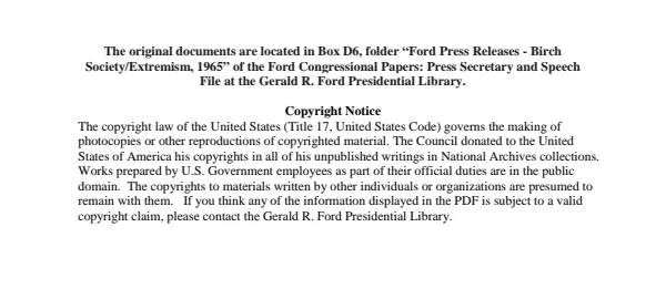 Ford Press Releases - Birch Society/Extremism, 1965