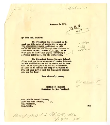 Letter from Stuart Alley to President Harry S. Truman with a Reply to Mrs. Birdie Parker from William D. Hassett