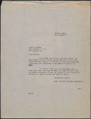 Mary Donovan (Sacco-Vanzetti Defense Committee) typed letter (copy) to Leonard Craig (Pennsylvania Federation of Labor), Boston, Mass., November 19, 1927