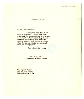 Letter from Edgar McCurry to Bess W. Truman with a Reply from Edith Helm