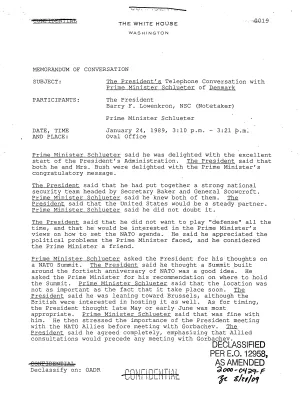 The President's Telephone Conversation with Prime Minister Schlueter of Denmark, January 24, 1989