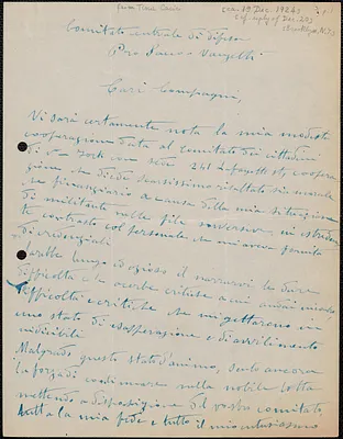 Tina Cacici autograph letter signed, in Italian, to Sacco-Vanzetti Defense Committee, [Brooklyn, N.Y.], approximately [December 19, 1924]