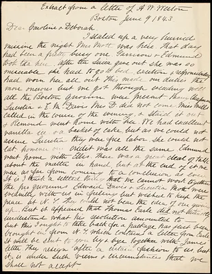 Extract from a letter from Anne Warren Weston, Boston, to Caroline Weston and Debora Weston, June 9, 1843