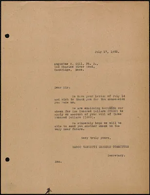 Sacco-Vanzetti Defense Committee typed letter (copy) to Augustus H. Gill, Boston, Mass., July 17, 1925