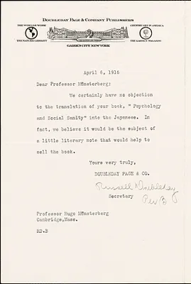 Doubleday, Russell, 1872-1949 typed letter signed to Hugo Münsterberg, Garden City, N.Y., 6 April 1916