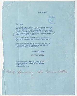 Letter from President Harry S. Truman to Justice Robert H. Jackson with Related Material