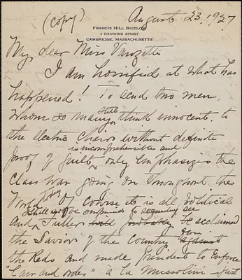 Francis H. Bigelow autograph letter signed to [Luigia] Vanzetti, Cambridge, Mass., August 23, 1927