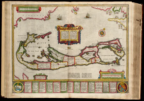 Mappa æstivarum insularum alias Bermudas dictarum, ad ostia Mexicani æstuary iacentium in latitudine graduum 32 minutorum 25 ab Anglia, londino scilicet versus libonotum 3300 miliaribus anglicanis, et a Roanoack (qui locus est in Virginia) versus Euronotum 500 mil. accurate descr.