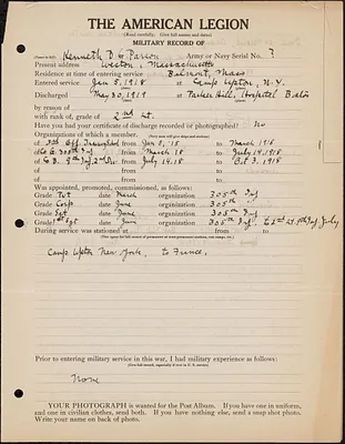American Legion military record of Kenneth B. G. Parson