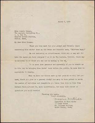 Maxine McBride typed letter signed to Jessie Greene (Lantern Publishing Co.), South Hadley, Mass., March 7, 1929