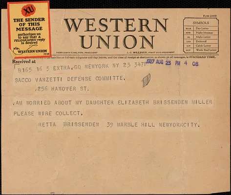Retta Brissenden telegram to Sacco-Vanzetti Defense Committee, New York,, August 25, 1927
