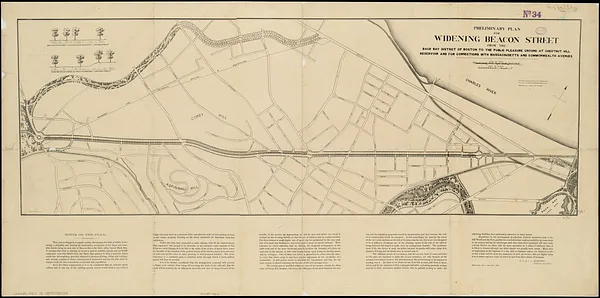 Preliminary plan for widening Beacon Street from the Back Bay district of Boston to the public pleasure ground at Chestnut Hill Reservoir and for connections with Massachusetts and Commonwealth Avenues