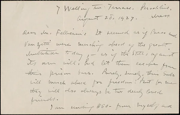 Elizabeth G[lendower] Evans autograph letter signed to [Aldino] Felicani, Brookline, Mass., August 28, 1927