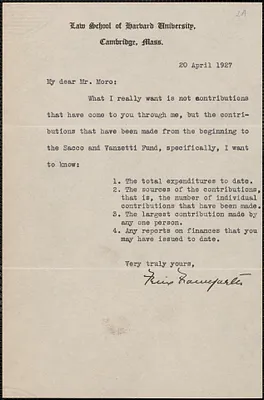 Felix Frankfurter typed letter signed to Joseph Moro, Cambridge, Mass., April 20, 1927