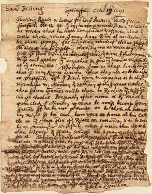 Letter to Sam Billing from John Pynchon in Springfield, Oct. 19, 1691