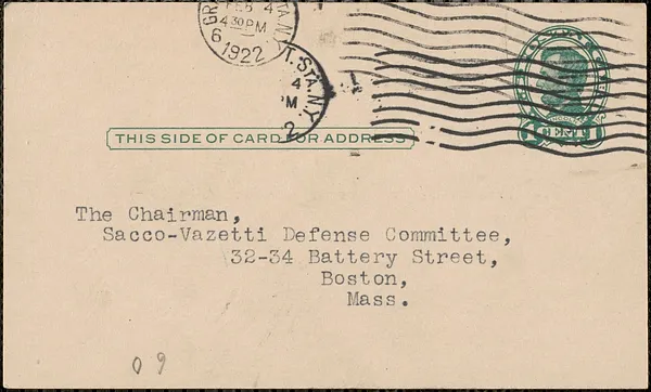 Edwin H. Anderson typed postcard to Sacco-Vanzetti Defense Committee, New York, N.Y., February 3, 1922