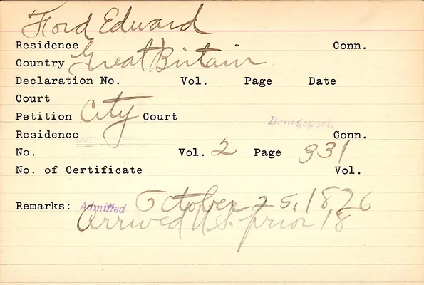 Fairfield County Superior Court and Fairfield County Court of Common Pleas, Index to Records of Naturalization, 1839-1955, Ford-Fridrich