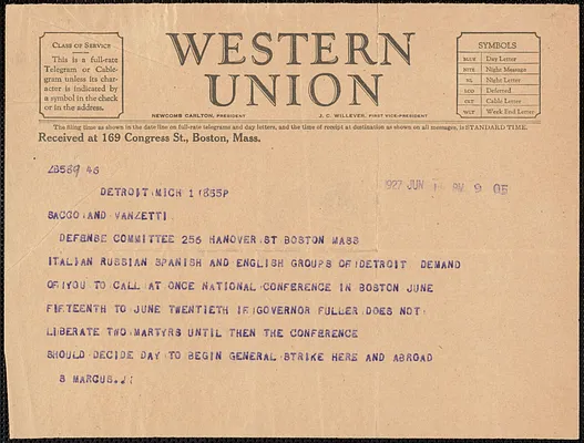 S. Marcus telegram to Sacco-Vanzetti Defense Committee, Detroit, Mich., June 1, 1927
