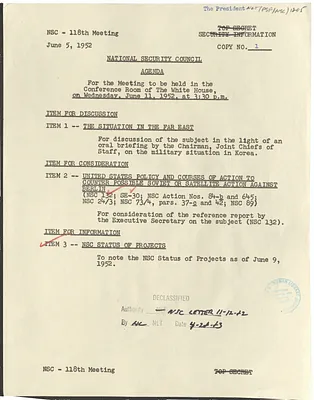 Agenda of the One Hundred and Eighteenth Meeting of the National Security Council
