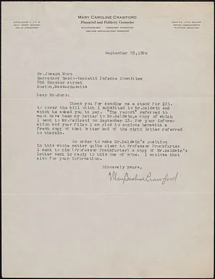 Mary C. Crawford typed letter signed to Joseph Moro, Boston, Mass., September 23, 1926