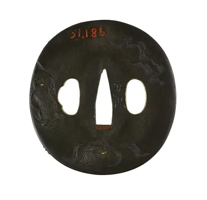 Tsuba with a Dragon Ascending Through Mist Clutching a Jewel