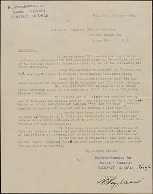 V. Heggland (Försvarskomtien for Sacco-Vanzetti) typed letter signed, in Norwegian, to Sacco-Vanzetti Defense Committee, Oslo, Norway, November 1, 1928