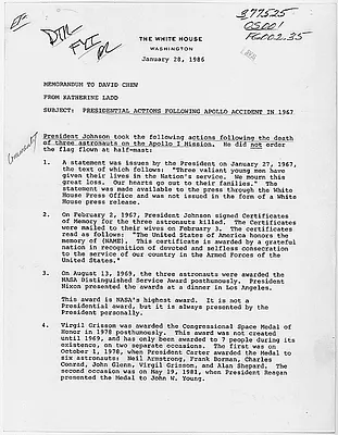 Memo from Katherine Ladd to David Chew, re Presidential Actions Following Apollo Accident in 1967