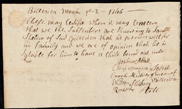 James Treet indentured to apprentice with Samuel Sheldon of Billerica, 29 June 1747